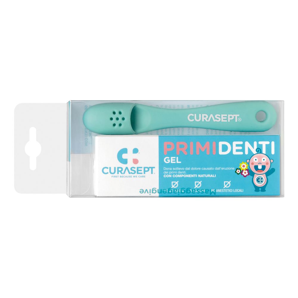 Confezione con scatola blu e bianca e massaggiagengive verde. Scritta: PRIMIDENTI GEL.
