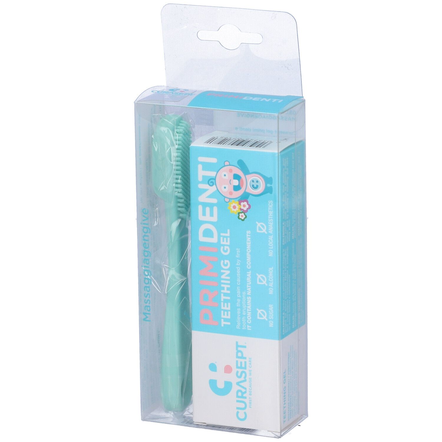 Confezione trasparente con scatola blu e bianca e massaggiagengive verde. Scritta: PRIMIDENTI GEL.