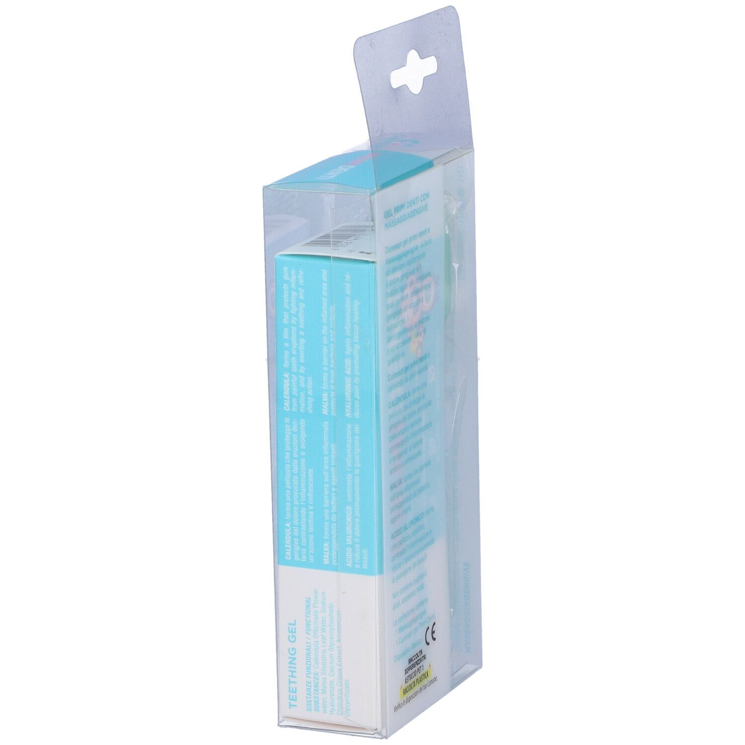 Vista laterale della confezione trasparente con scatola blu e bianca. Scritta: PRIMIDENTI GEL.