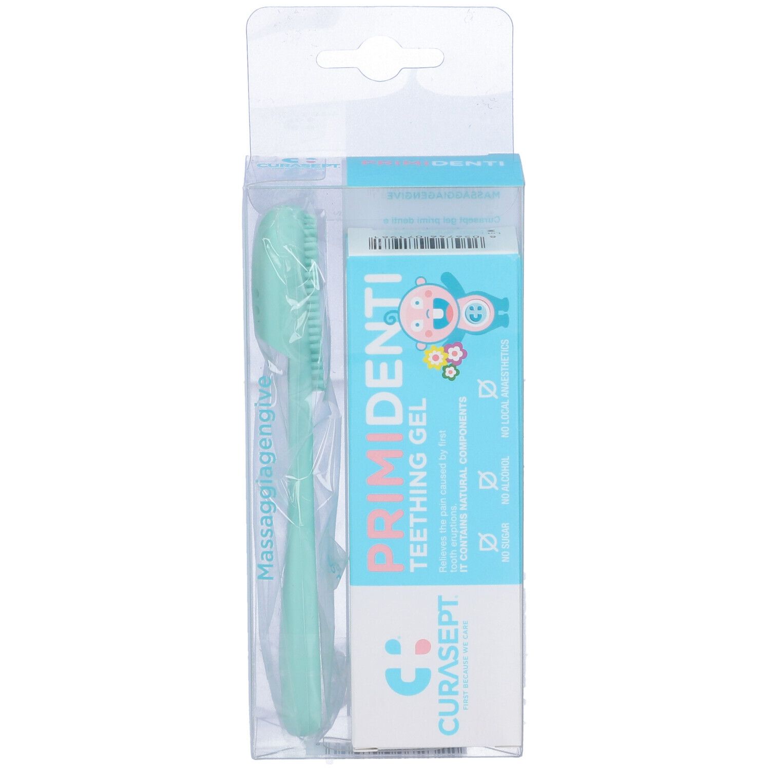 Confezione trasparente con scatola blu e bianca e massaggiagengive verde. Scritta: PRIMIDENTI GEL.