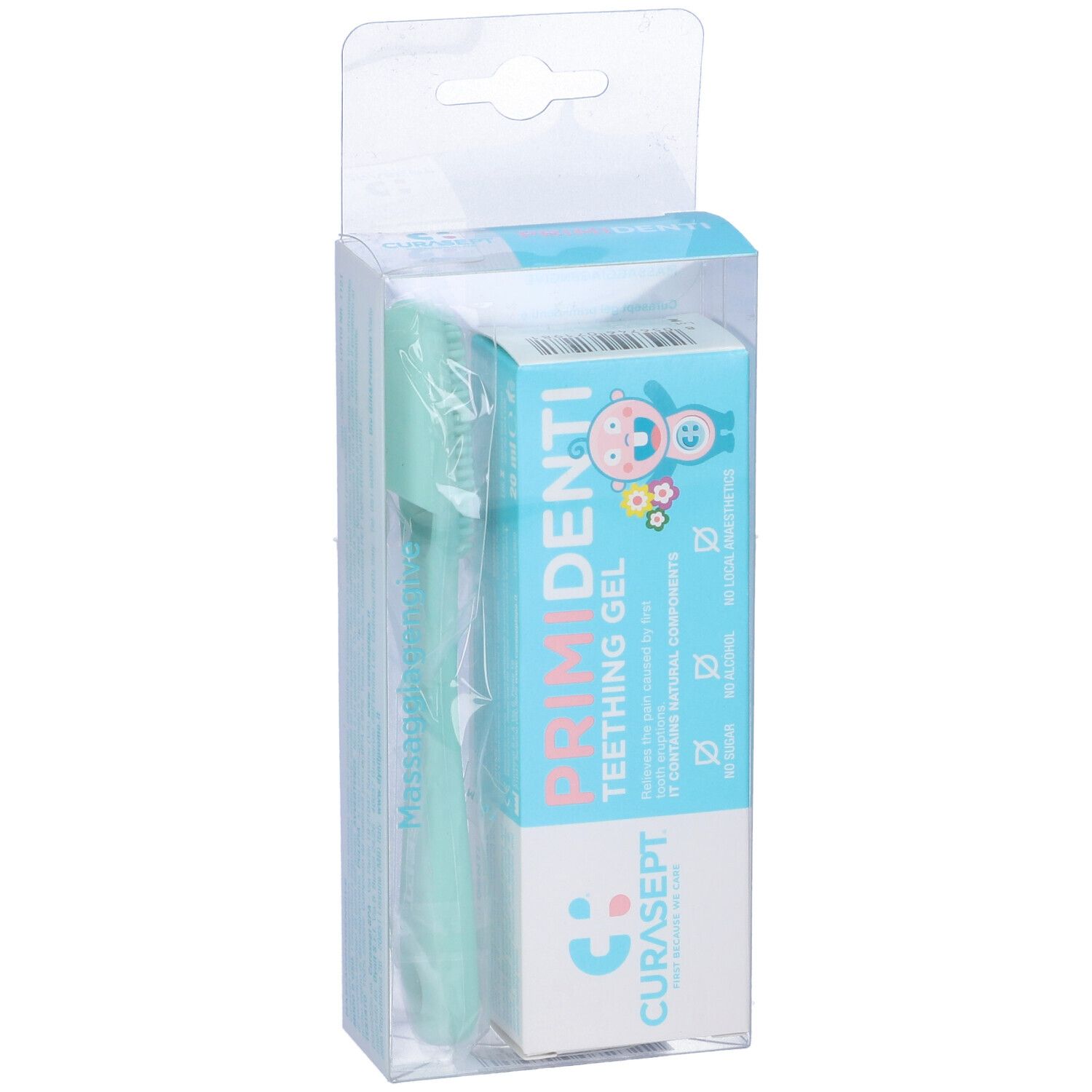 Confezione trasparente con scatola blu e bianca e massaggiagengive verde. Scritta: PRIMIDENTI GEL.
