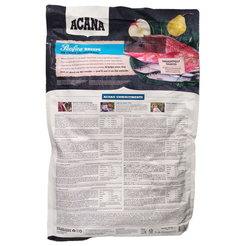 Acana Pacífica | Pienso premium sin cereales para perros adultos, elaborado en Canadá con ingredientes locales. 70 % de pescado salvaje y 30 % de fruta, verdura y extractos vegetales. Con proteínas