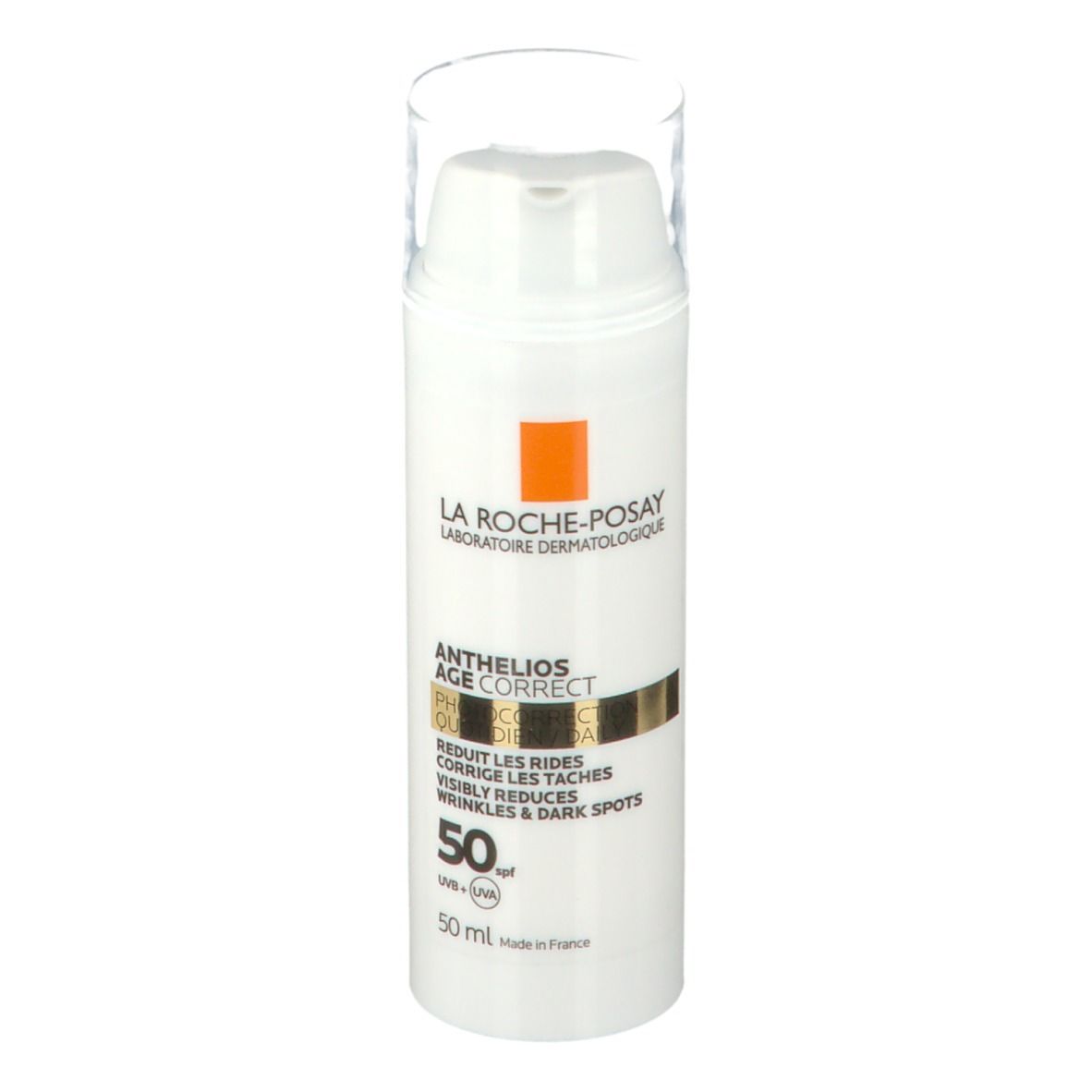 Tubo bianco La Roche-Posay Anthelios Age Correct SPF50. Scritto: Riduce rughe e macchie. Con SPF 50.