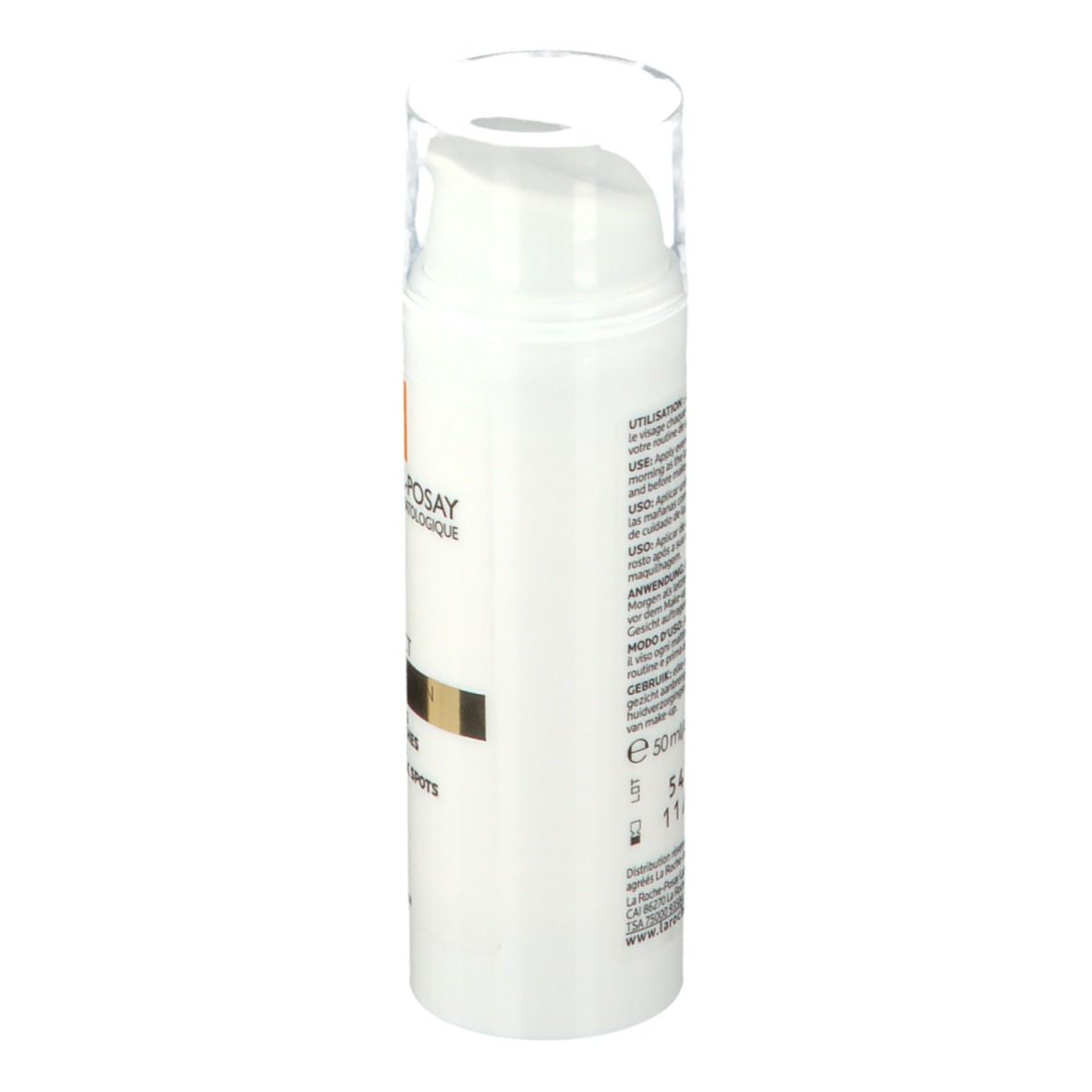 Tubo bianco La Roche-Posay Anthelios Age Correct SPF50. Scritto: Riduce rughe e macchie. Con SPF 50.