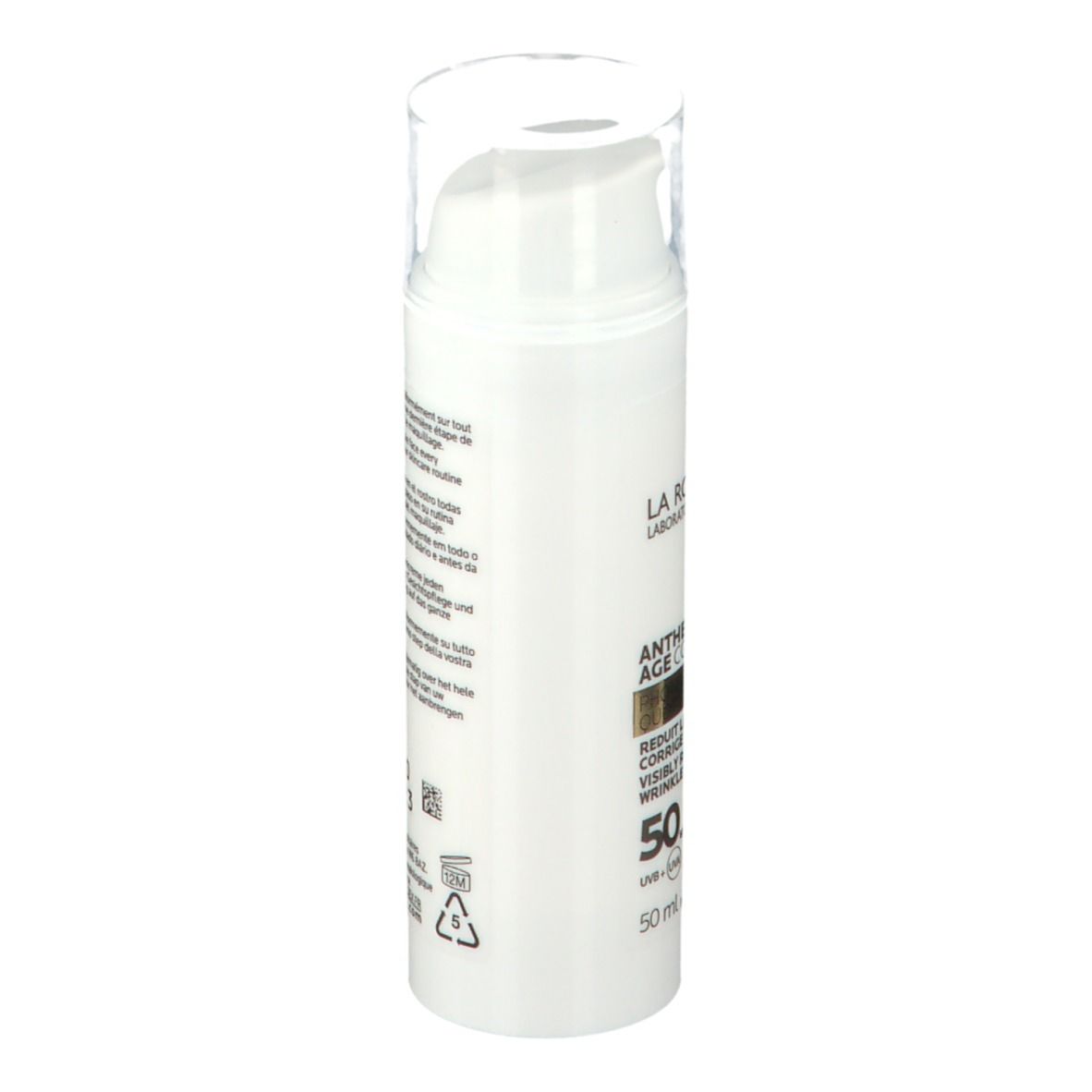 Retro del tubo bianco La Roche-Posay Anthelios Age Correct SPF50. Con testo e informazioni sull'uso.