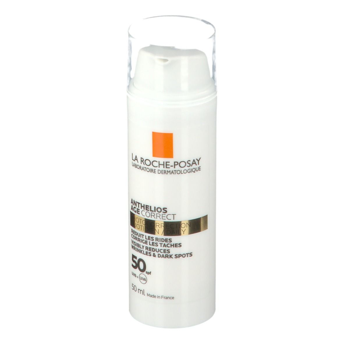 Tubo bianco La Roche-Posay Anthelios Age Correct SPF50. Scritto: Riduce rughe e macchie. Con SPF 50.