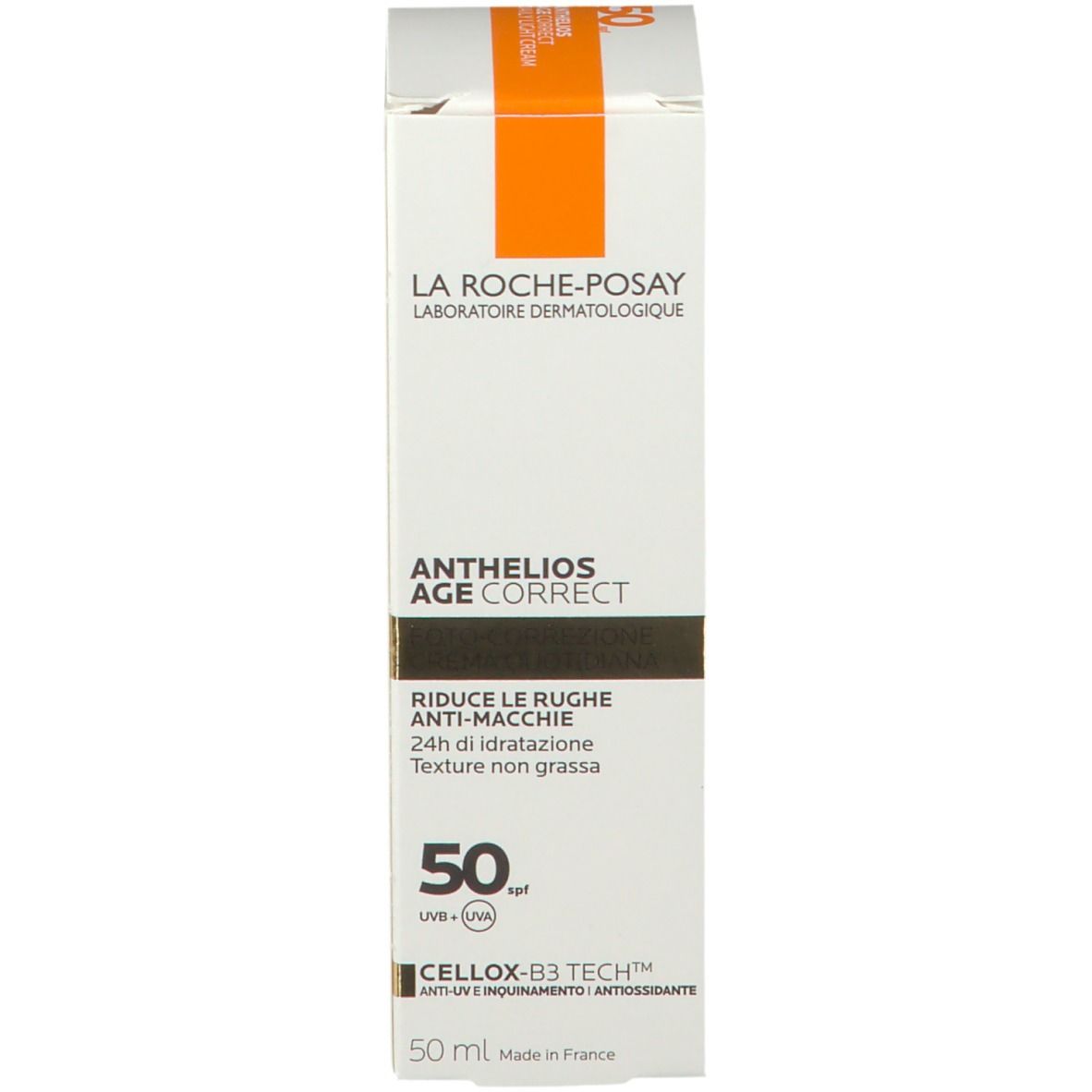 Confezione La Roche-Posay Anthelios Age Correct SPF50. Scritto: Riduce rughe e macchie. Con SPF 50.