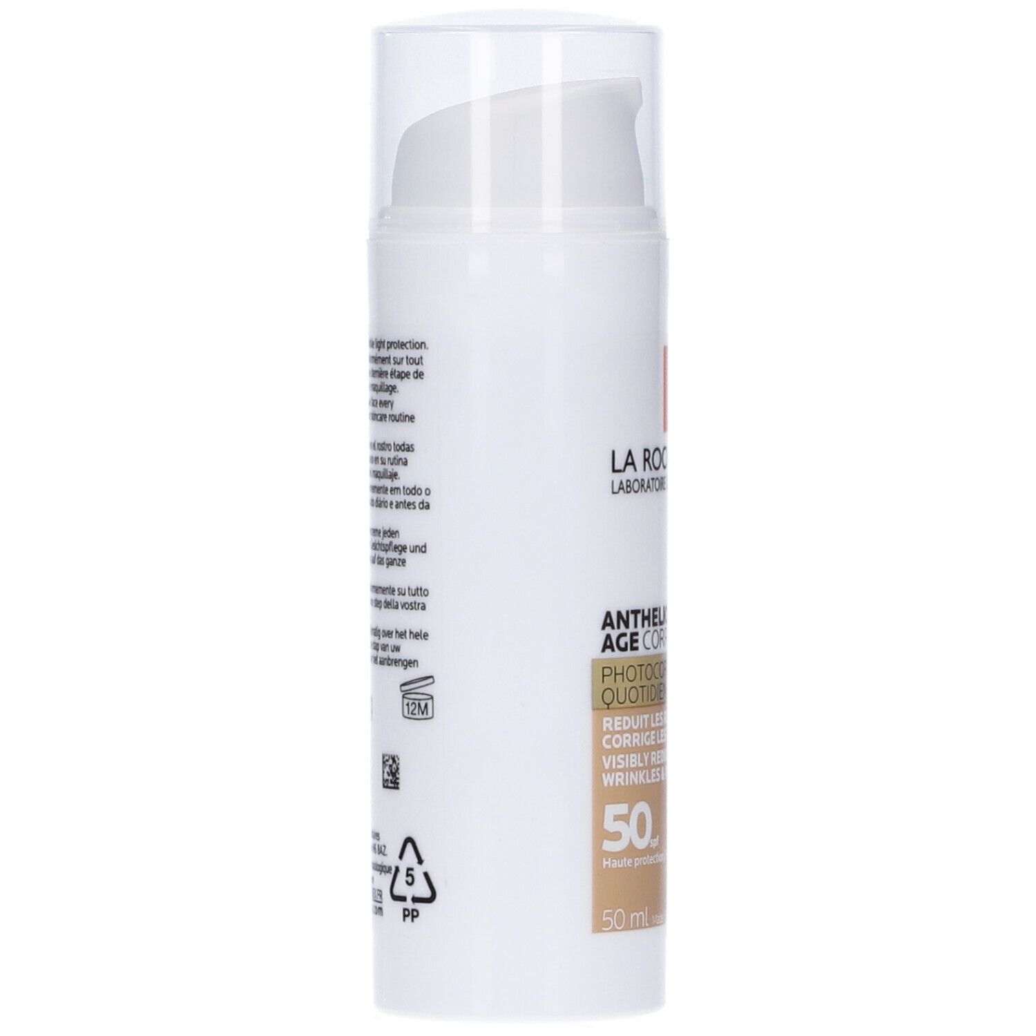 La Roche-Posay Anthelios Age Correct. Flacone bianco con dosatore. Retro con testo e simboli. 50 ml.