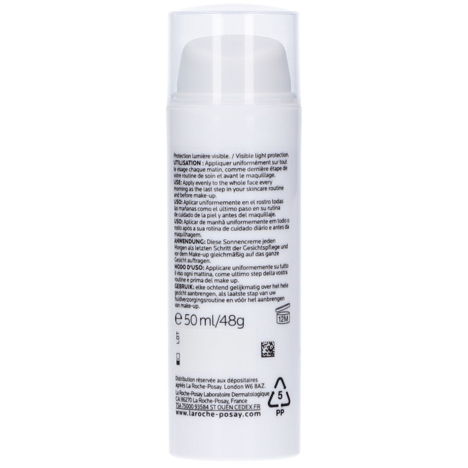 La Roche-Posay Anthelios Age Correct. Flacone bianco con dosatore. Retro con testo e simboli. 50 ml.