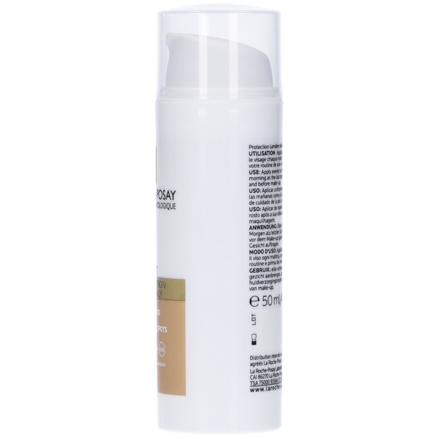 La Roche-Posay Anthelios Age Correct. Flacone bianco con dosatore. Retro con testo e simboli. 50 ml.