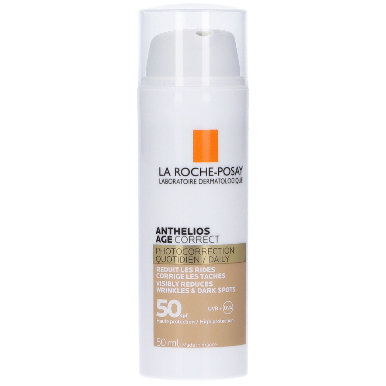 La Roche-Posay Anthelios Age Correct. Flacone bianco con dosatore. Scritte: SPF 50, UVA/UVB, riduce rughe e macchie scure.