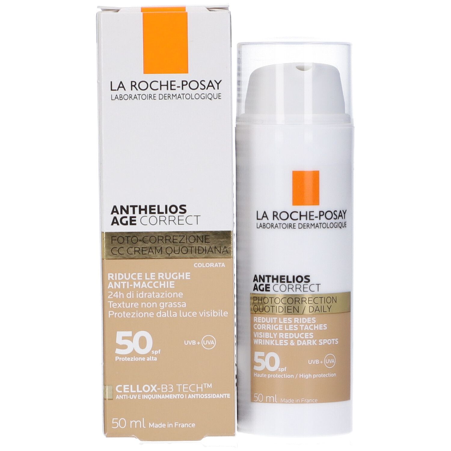 La Roche-Posay Anthelios Age Correct. Prodotto e confezione. Scritte: SPF 50, UVA/UVB, riduce rughe e macchie scure.