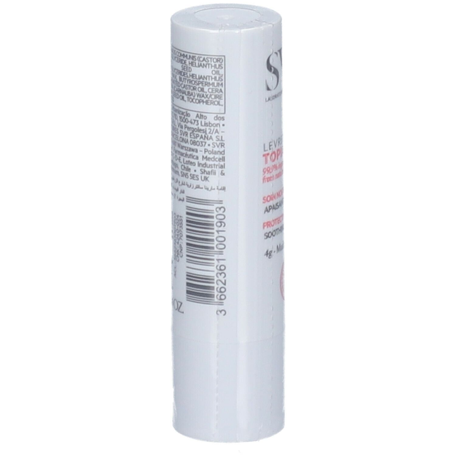 Stick labbra bianco con testo. Ingredienti, indirizzo, numero di lotto, durata. Marchio SVR. 4g.