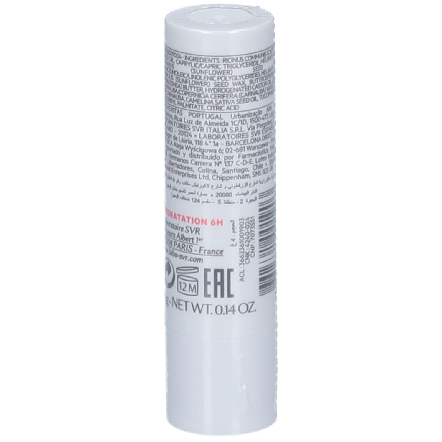 Stick labbra bianco con testo. Ingredienti, indirizzo, numero di lotto, durata. Marchio SVR. 4g.