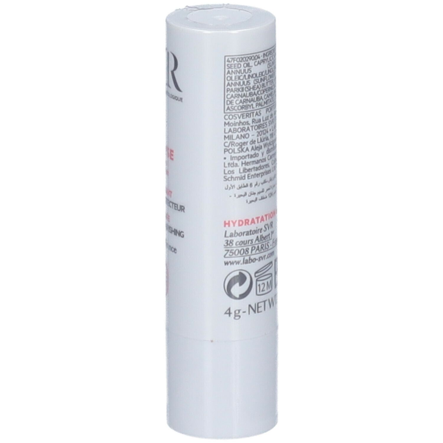 Stick labbra bianco con testo. Ingredienti, indirizzo, numero di lotto, durata. Marchio SVR. 4g.