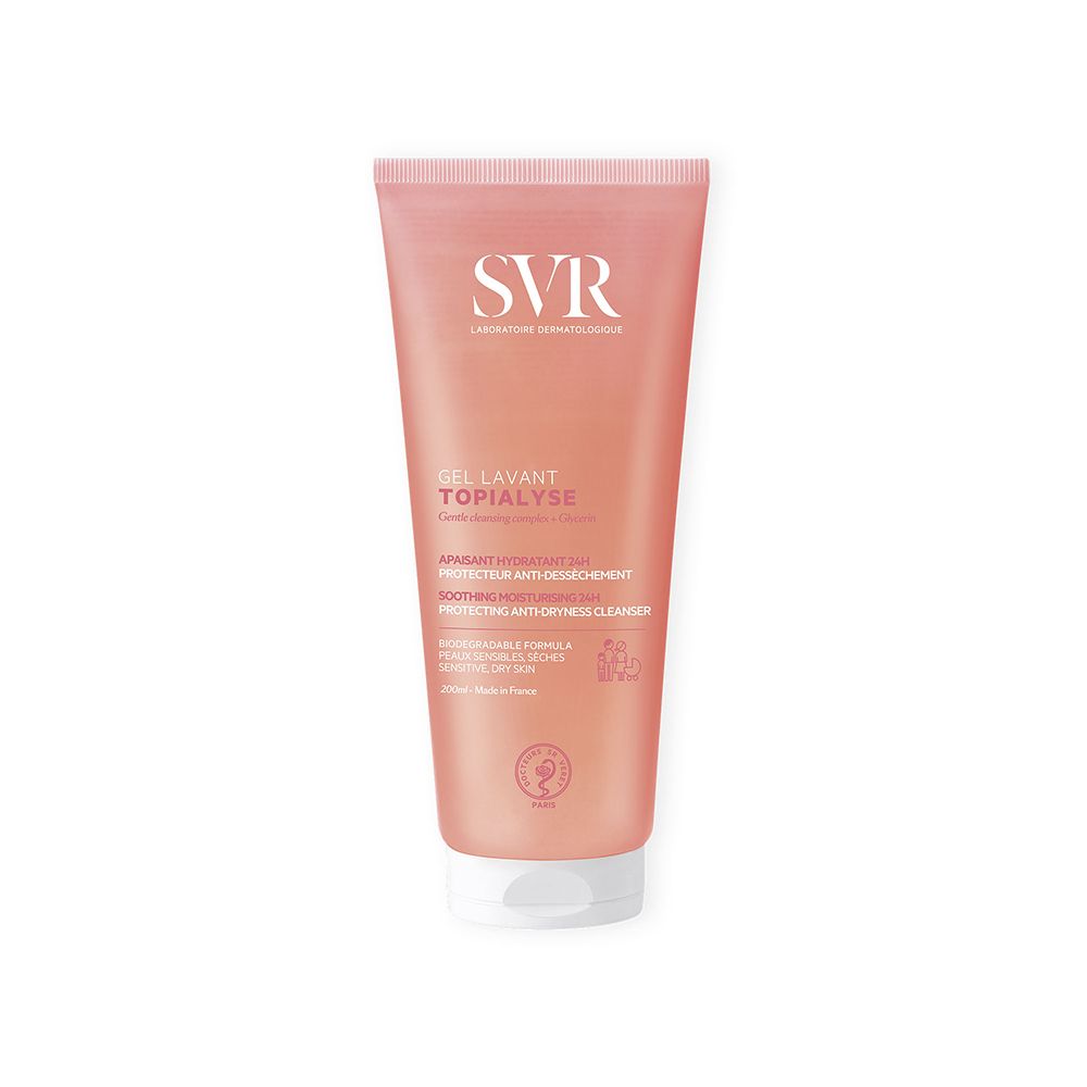 Tubo rosa con tappo bianco. Scritta: SVR, GEL LAVANT TOPIALYSE, detergente lenitivo. Con marchio di qualità.