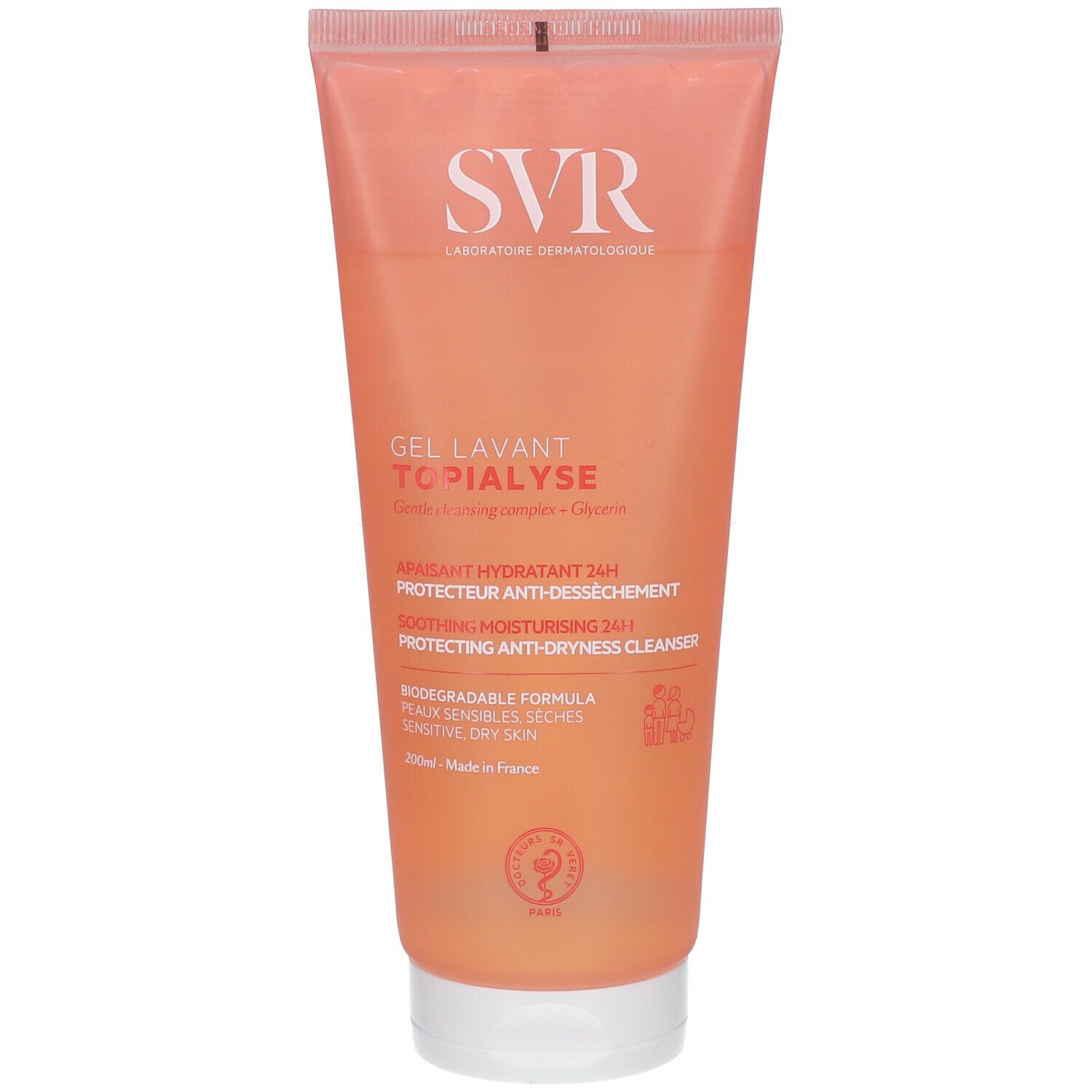 Tubo rosa con tappo bianco. Scritta: SVR, GEL LAVANT TOPIALYSE, detergente lenitivo. 200ml.