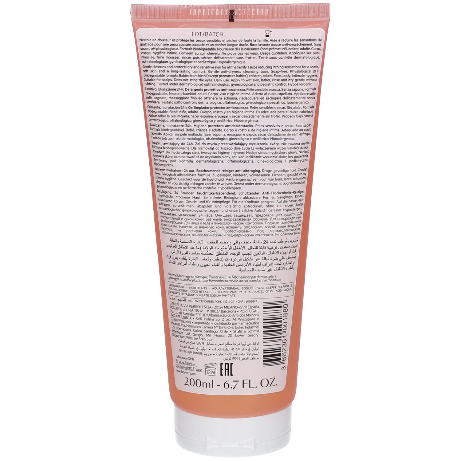 Retro di un tubo rosa con testo. Scritta: 200ml - 6.7 FL. OZ. Con marchio di qualità.