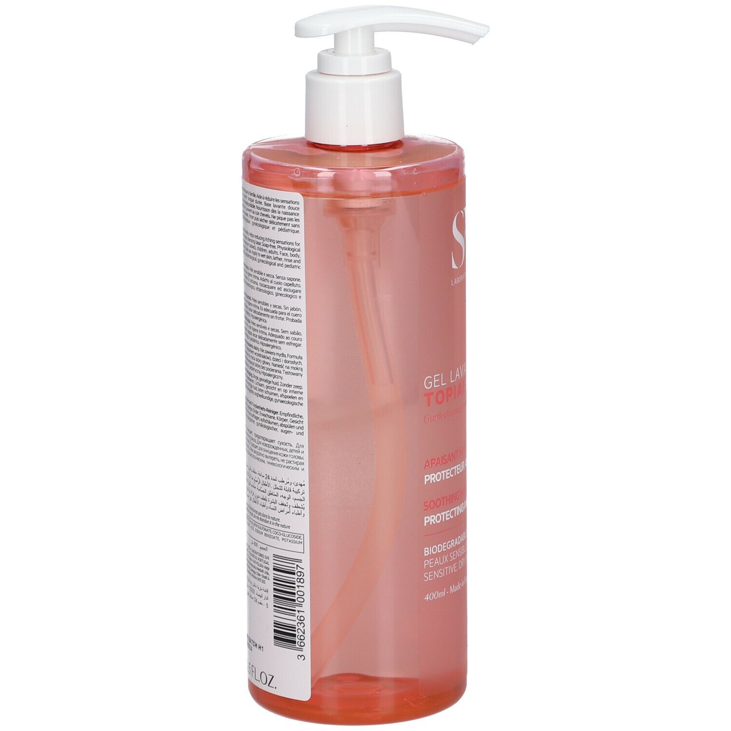 Flacone trasparente rosa con dosatore bianco. Scritta: SVR, Gel Lavant Topialyse. Testo sul retro.