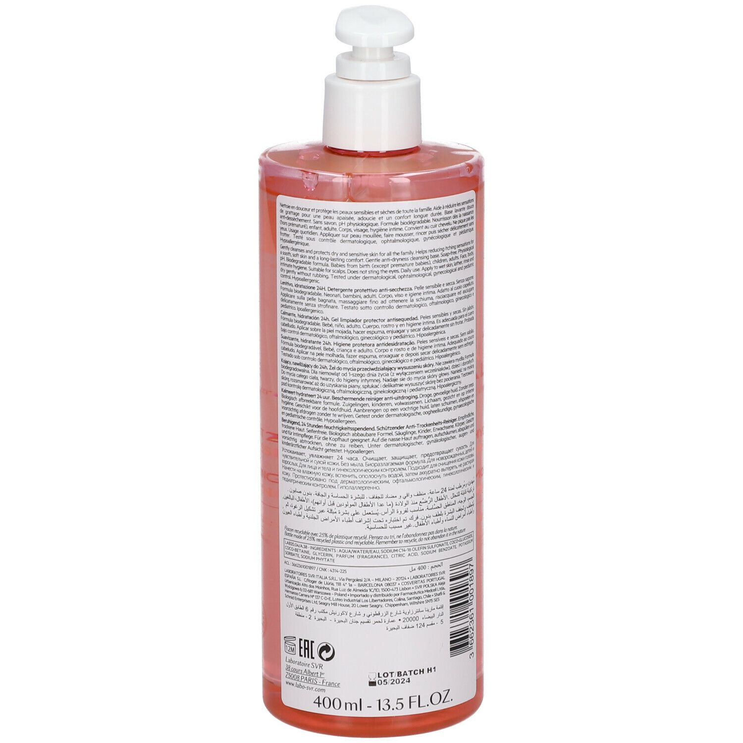 Vista posteriore di un flacone trasparente rosa con dosatore bianco. Testo sul retro.