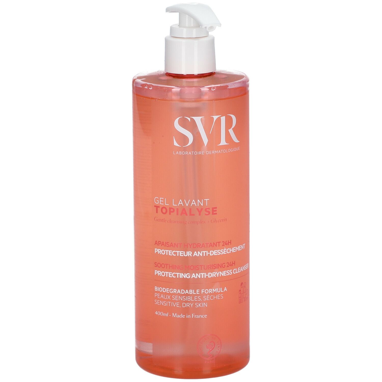 Flacone trasparente rosa con dosatore bianco. Scritta: SVR, Gel Lavant Topialyse. Vista frontale.