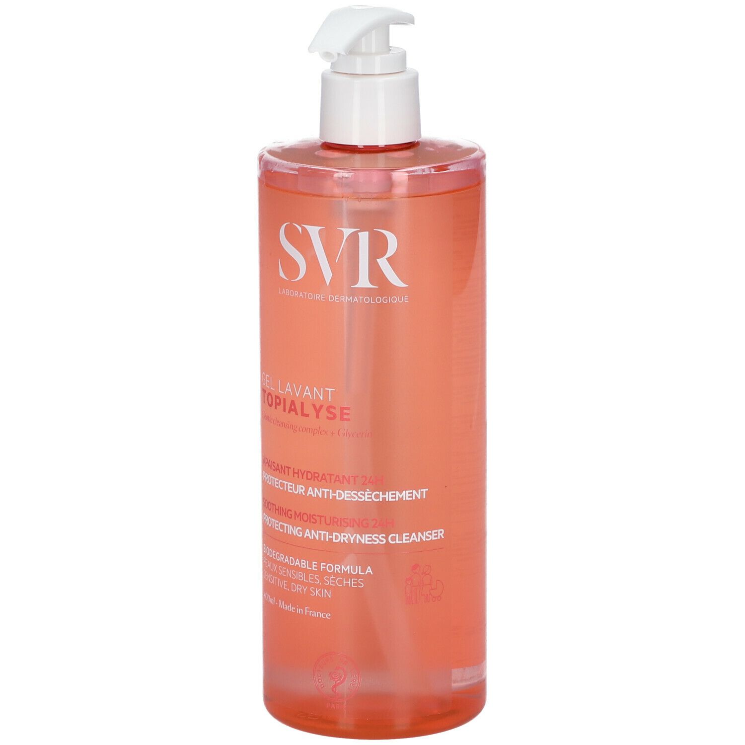 Flacone trasparente rosa con dosatore bianco. Scritta: SVR, Gel Lavant Topialyse. Vista frontale.
