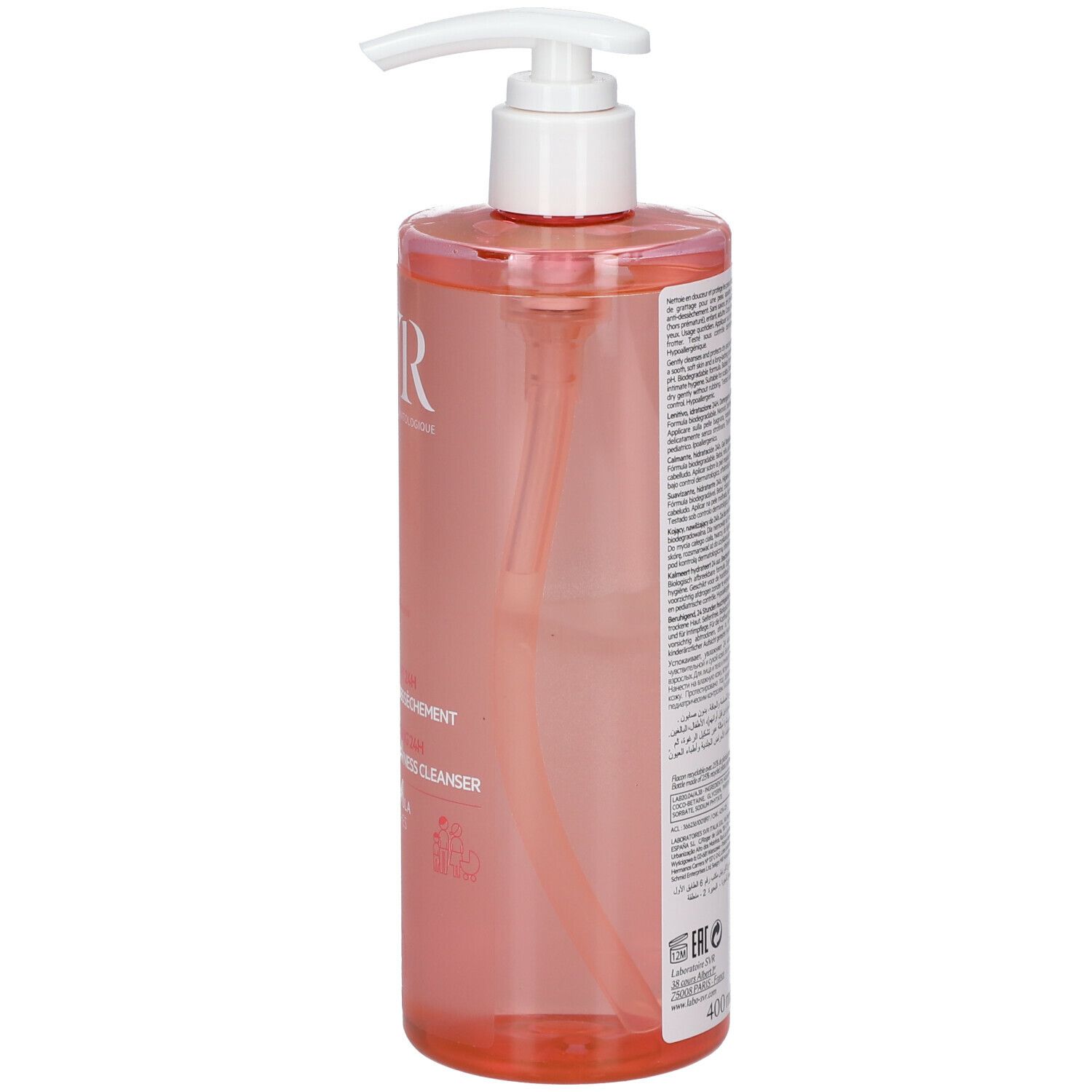 Flacone trasparente rosa con dosatore bianco. Scritta: SVR, Gel Lavant Topialyse. Vista laterale.