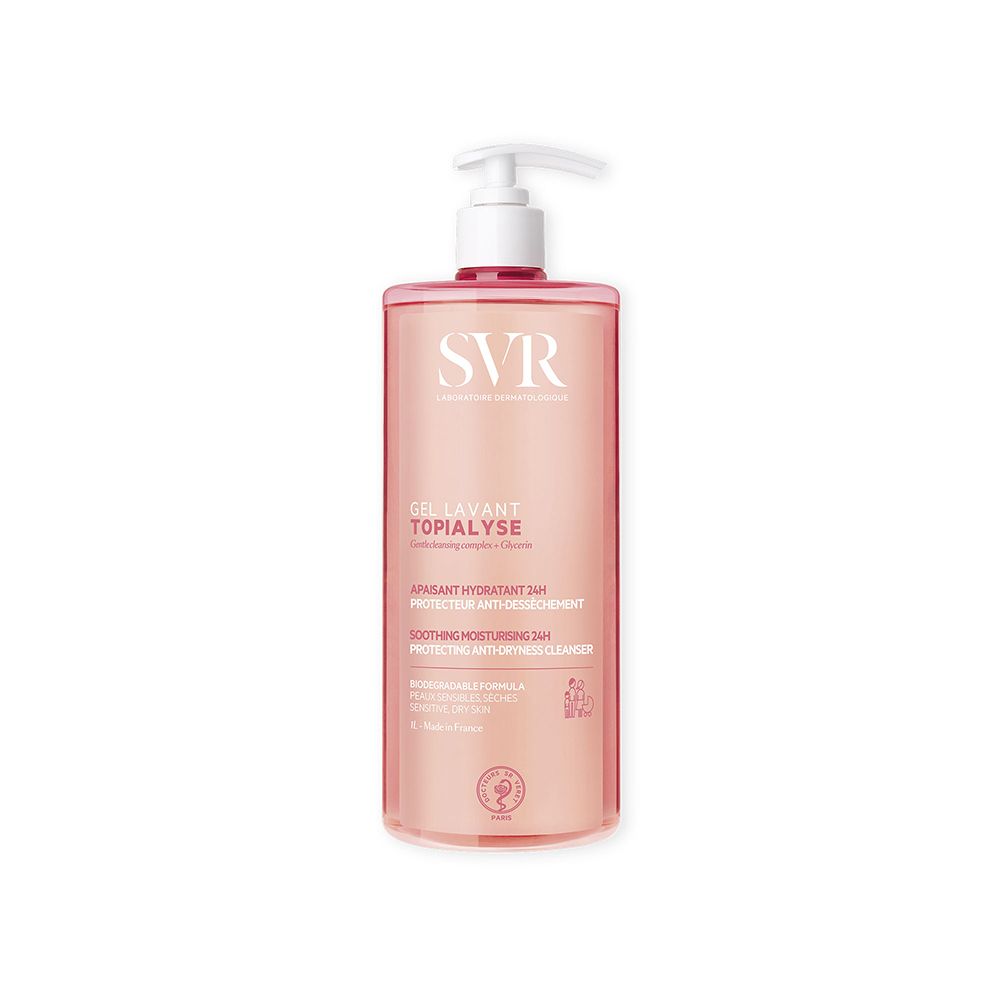 Flacone trasparente con dosatore. Scritta SVR, sotto TOPIALYSE GEL LAVANT. Liquido rosa visibile.