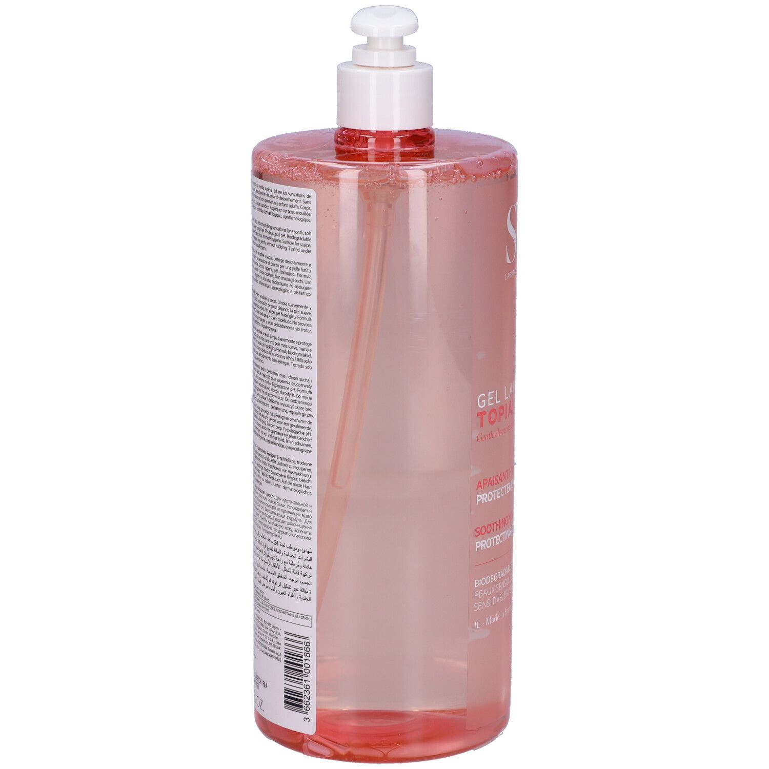 Flacone trasparente con dosatore. Retro con testo. Liquido rosa visibile.