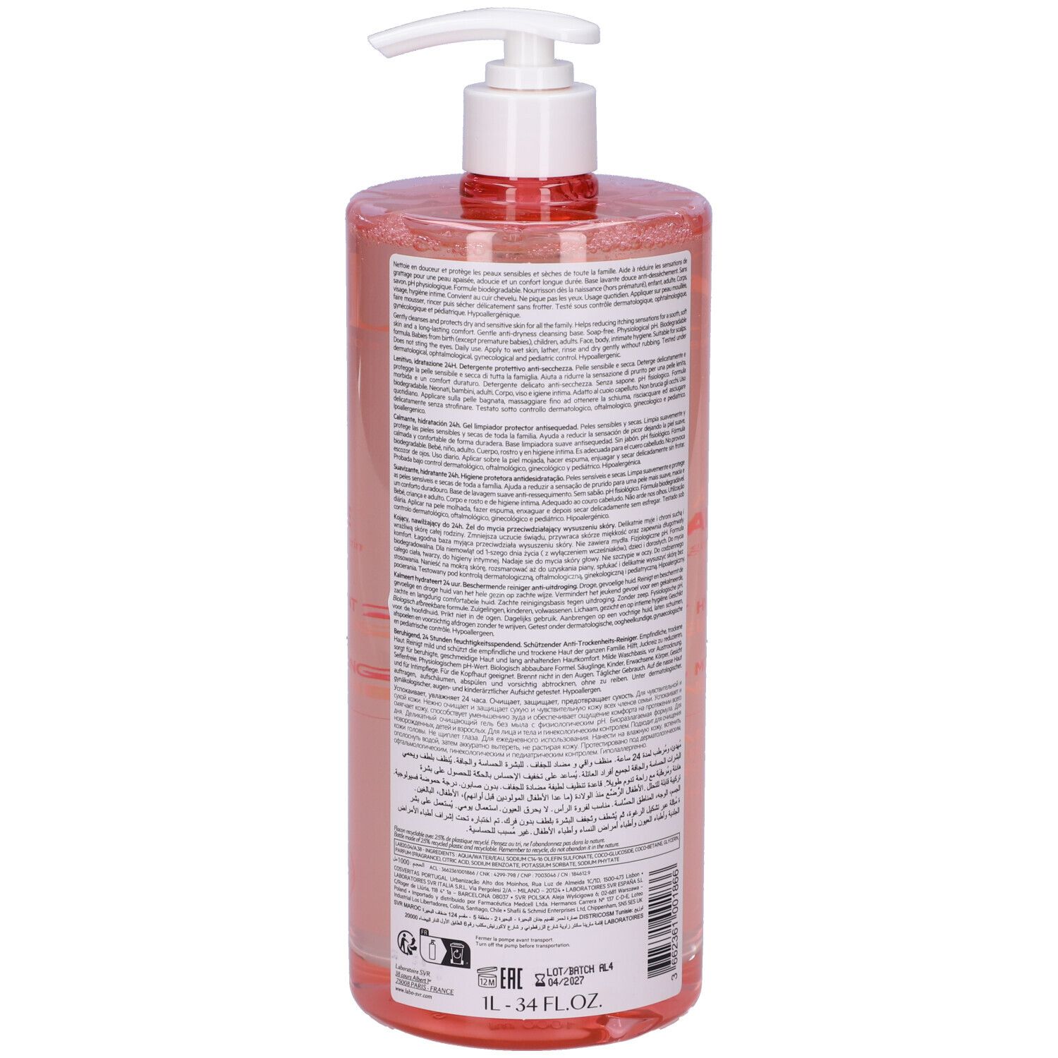 Flacone trasparente con dosatore. Retro con testo. Liquido rosa visibile.