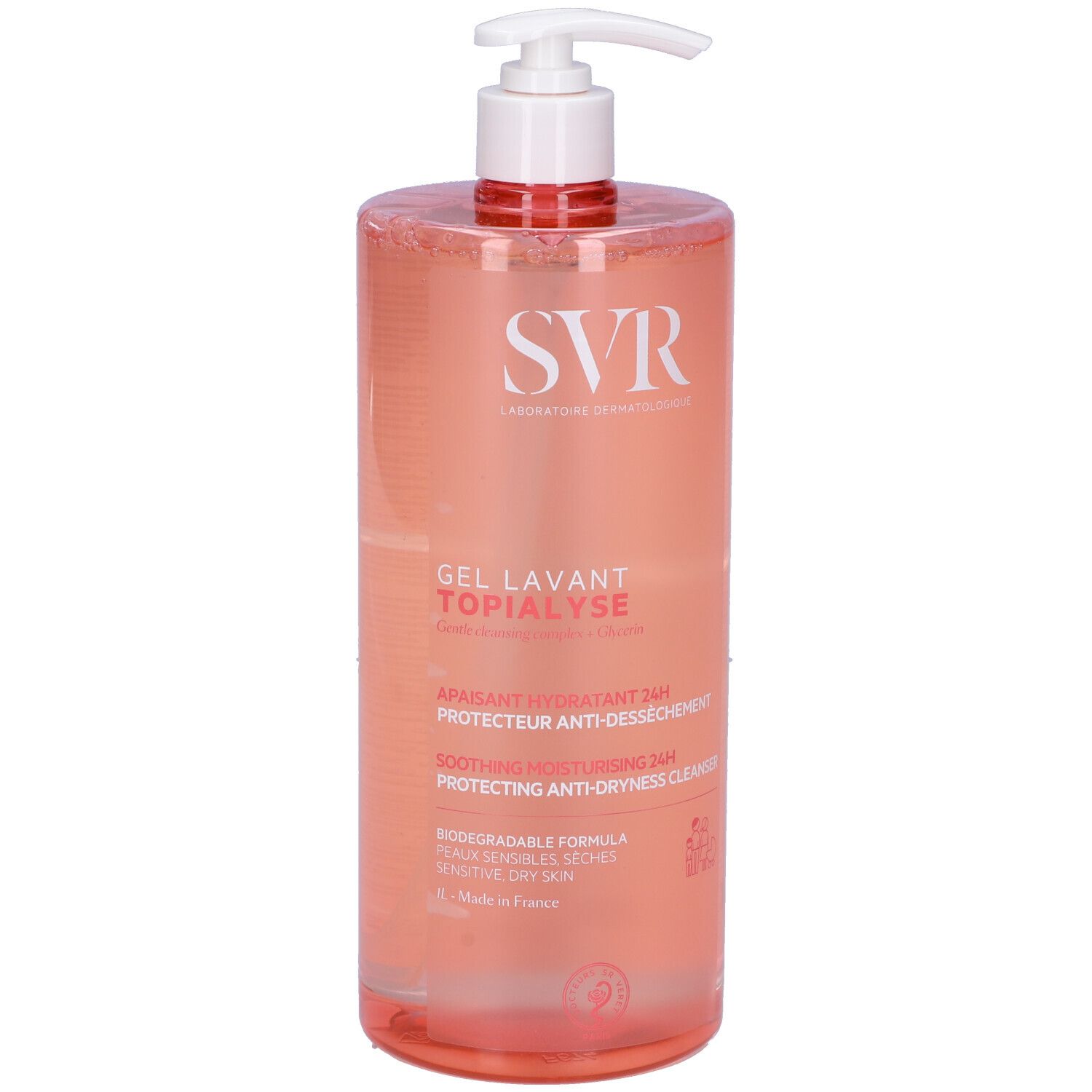 Flacone trasparente con dosatore. Scritta SVR, sotto GEL LAVANT TOPIALYSE. Liquido rosa.