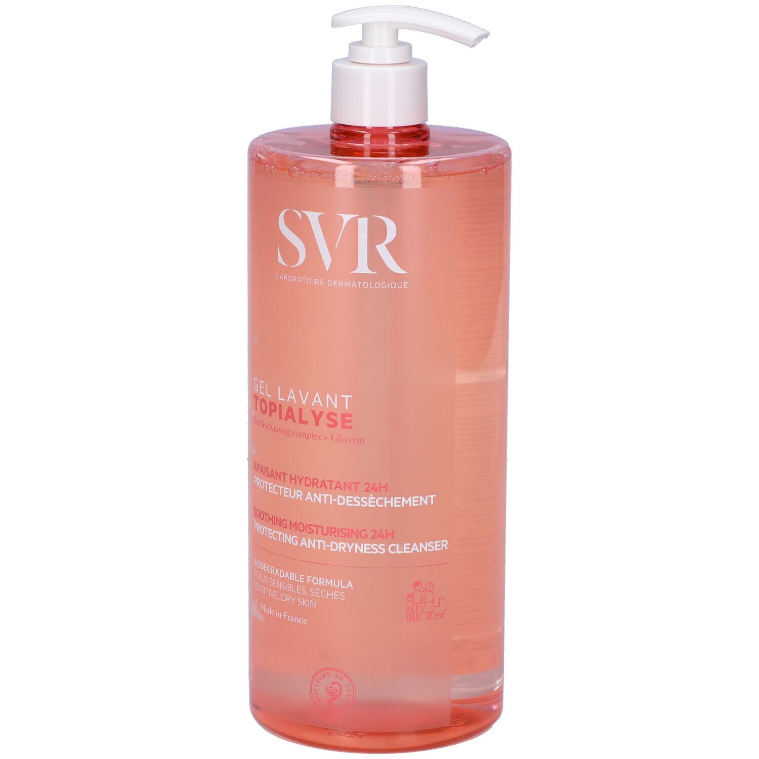 Flacone trasparente con dosatore. Scritta SVR, sotto GEL LAVANT TOPIALYSE. Liquido rosa.