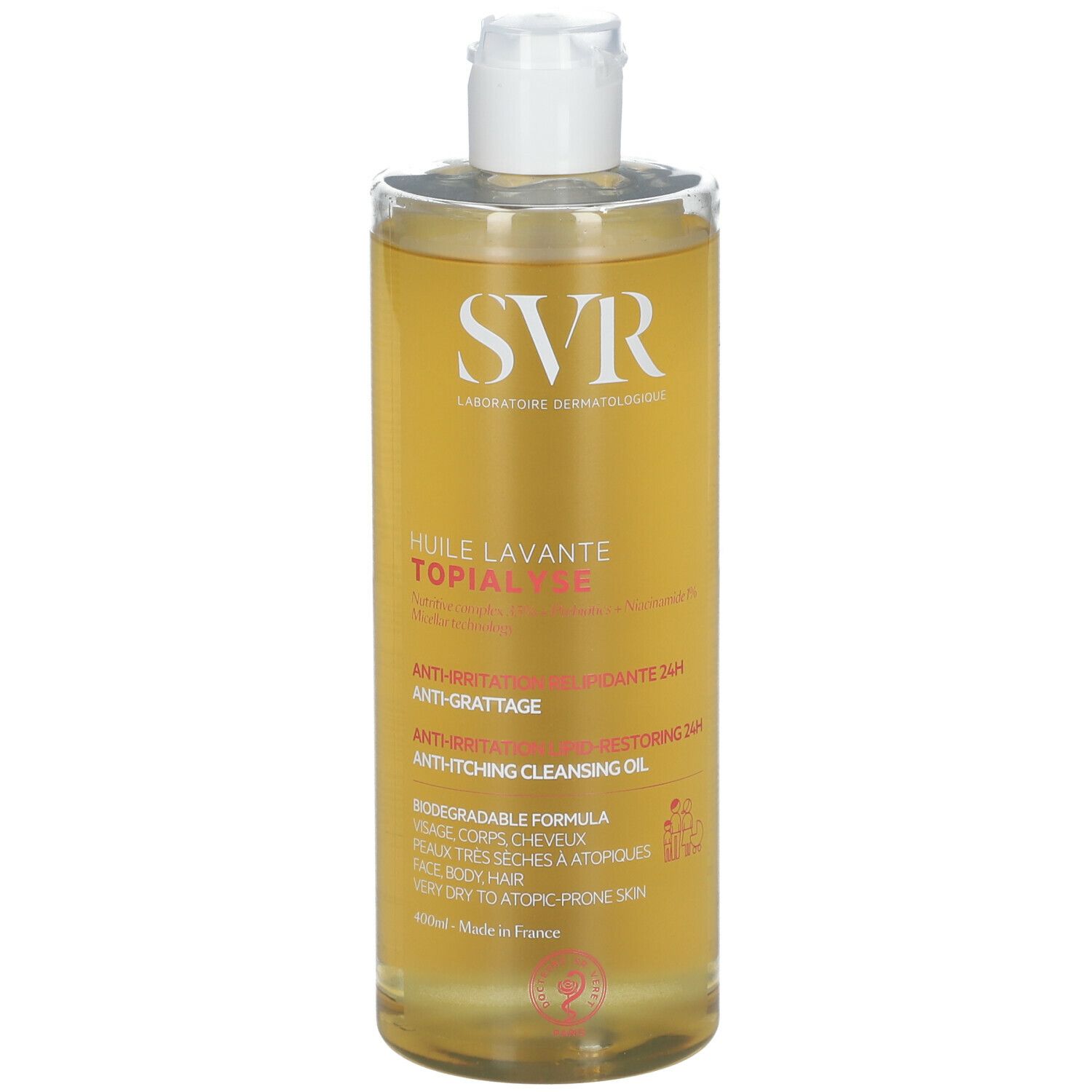 Flacone SVR Huile Lavante Topialyse. Anti-irritazione, anti-prurito 24h. Per pelli molto secche e a tendenza atopica. Tappo bianco ed etichetta gialla.