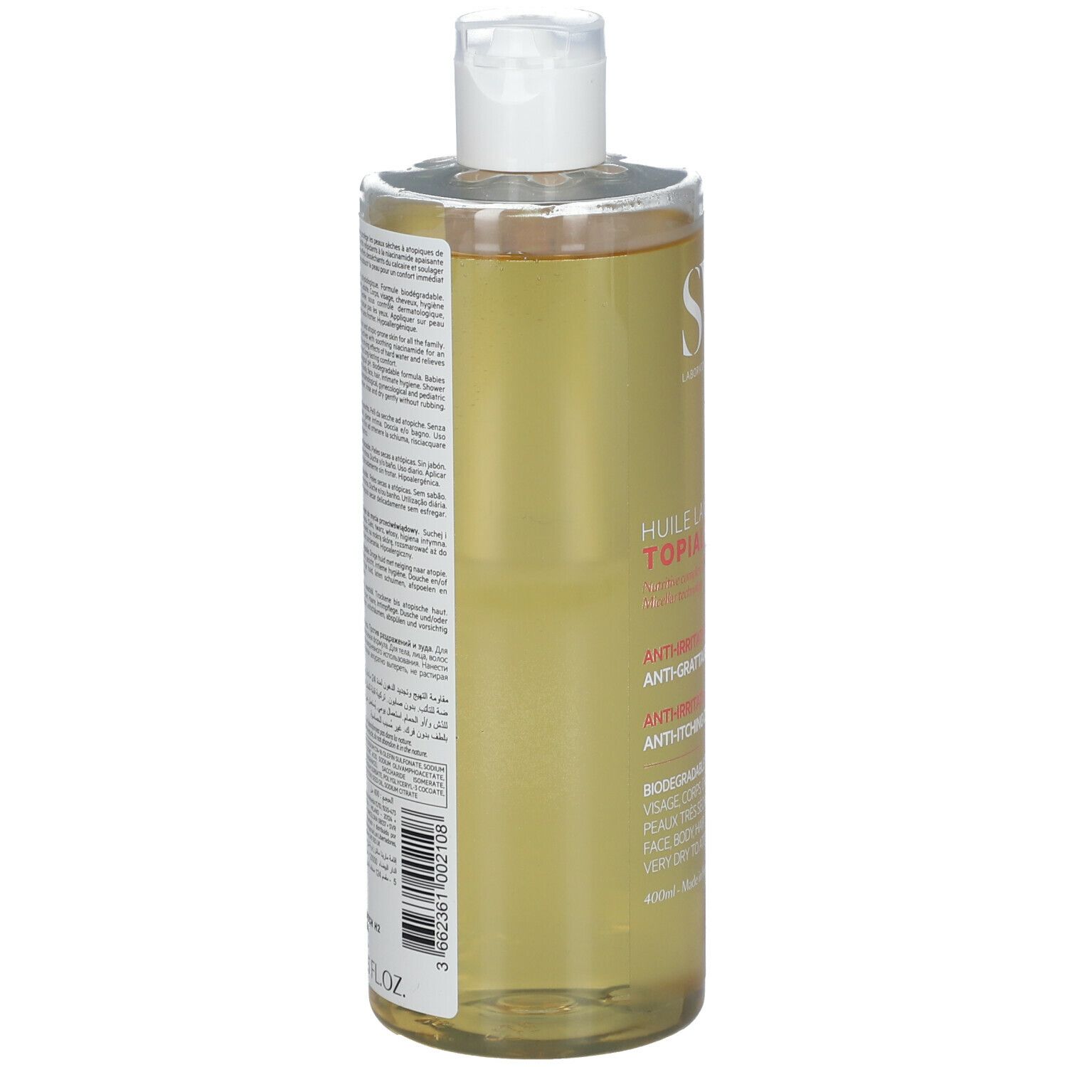 Flacone SVR Huile Lavante Topialyse. Anti-irritazione, anti-prurito 24h. Per pelli molto secche e a tendenza atopica. Tappo bianco ed etichetta gialla.