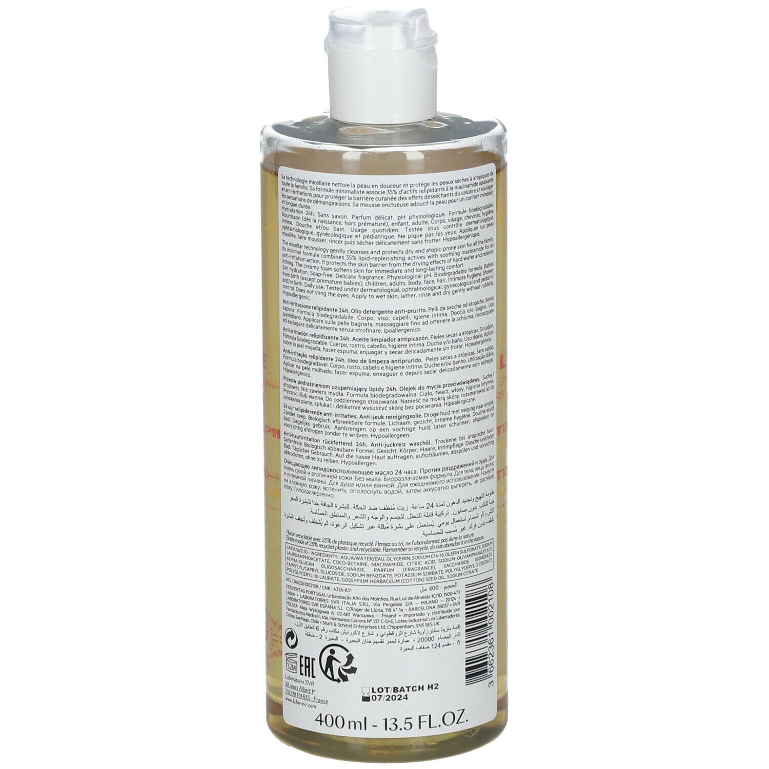 Flacone SVR Huile Lavante Topialyse. Anti-irritazione, anti-prurito 24h. Per pelli molto secche e a tendenza atopica. Tappo bianco ed etichetta gialla.