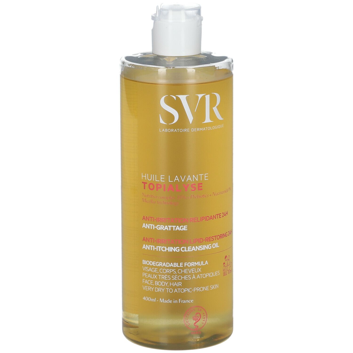 Flacone SVR Huile Lavante Topialyse. Anti-irritazione, anti-prurito 24h. Per pelli molto secche e a tendenza atopica. Tappo bianco ed etichetta gialla.