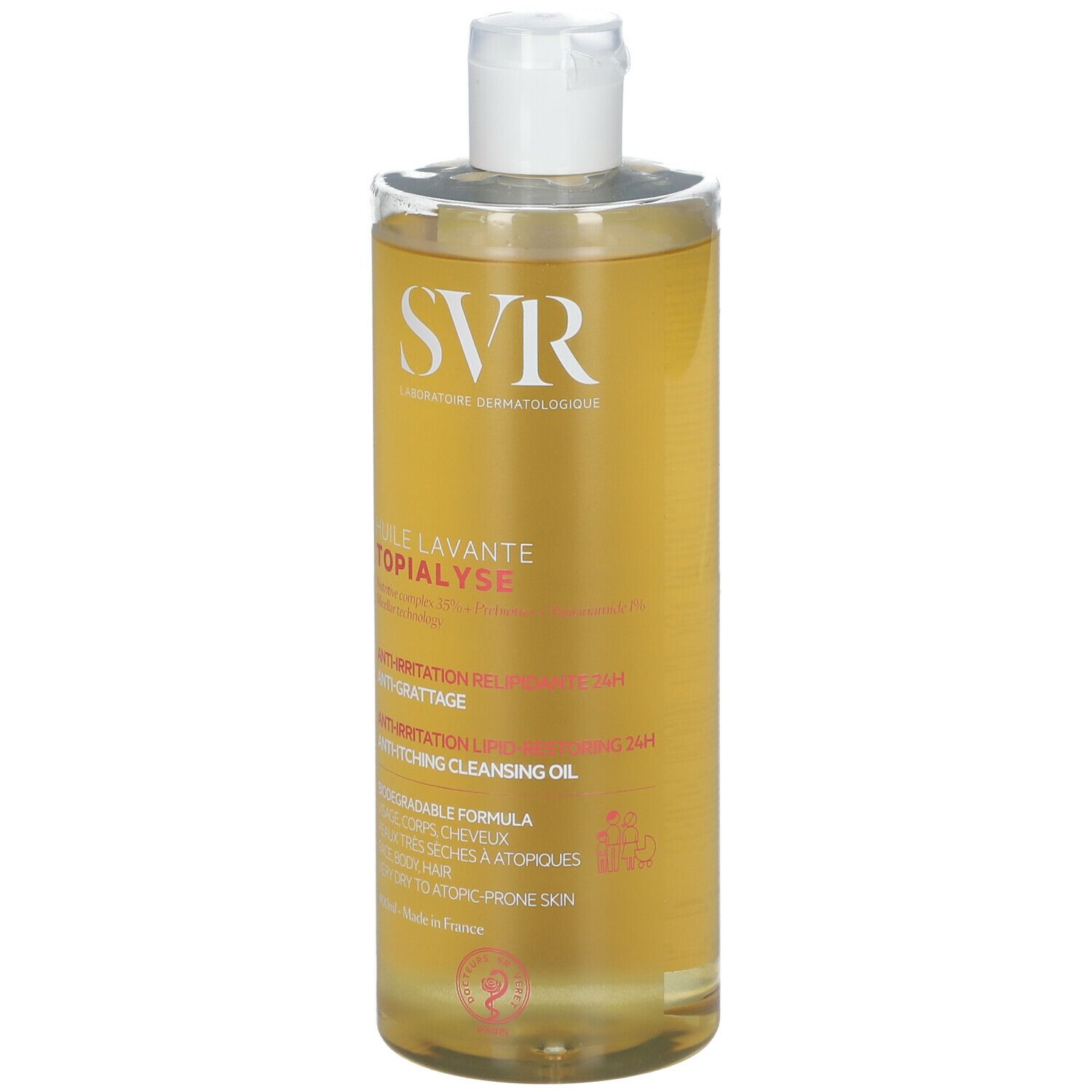 Flacone SVR Huile Lavante Topialyse. Anti-irritazione, anti-prurito 24h. Per pelli molto secche e a tendenza atopica. Tappo bianco ed etichetta gialla.