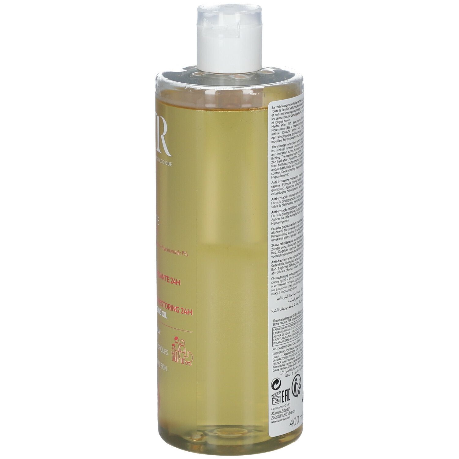 Flacone SVR Huile Lavante Topialyse. Anti-irritazione, anti-prurito 24h. Per pelli molto secche e a tendenza atopica. Tappo bianco ed etichetta gialla.