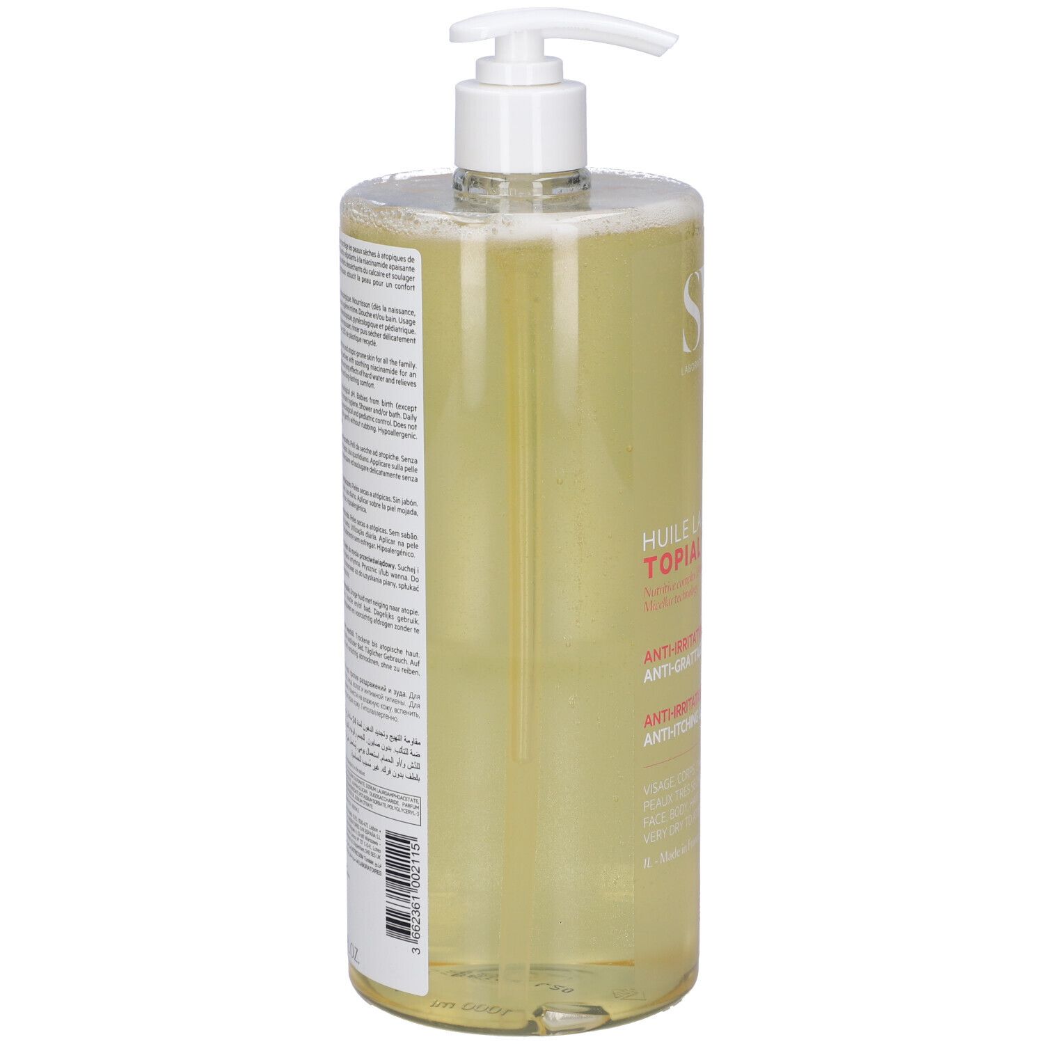 Flacone trasparente SVR Topialyse Huile Lavante con dosatore. Liquido giallo. Scritte sul prodotto.