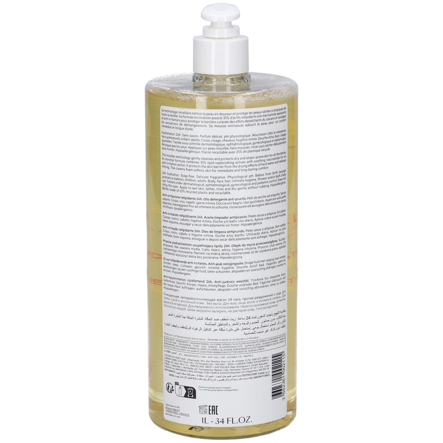 Flacone trasparente SVR Topialyse Huile Lavante con dosatore. Liquido giallo. Scritte sul prodotto.