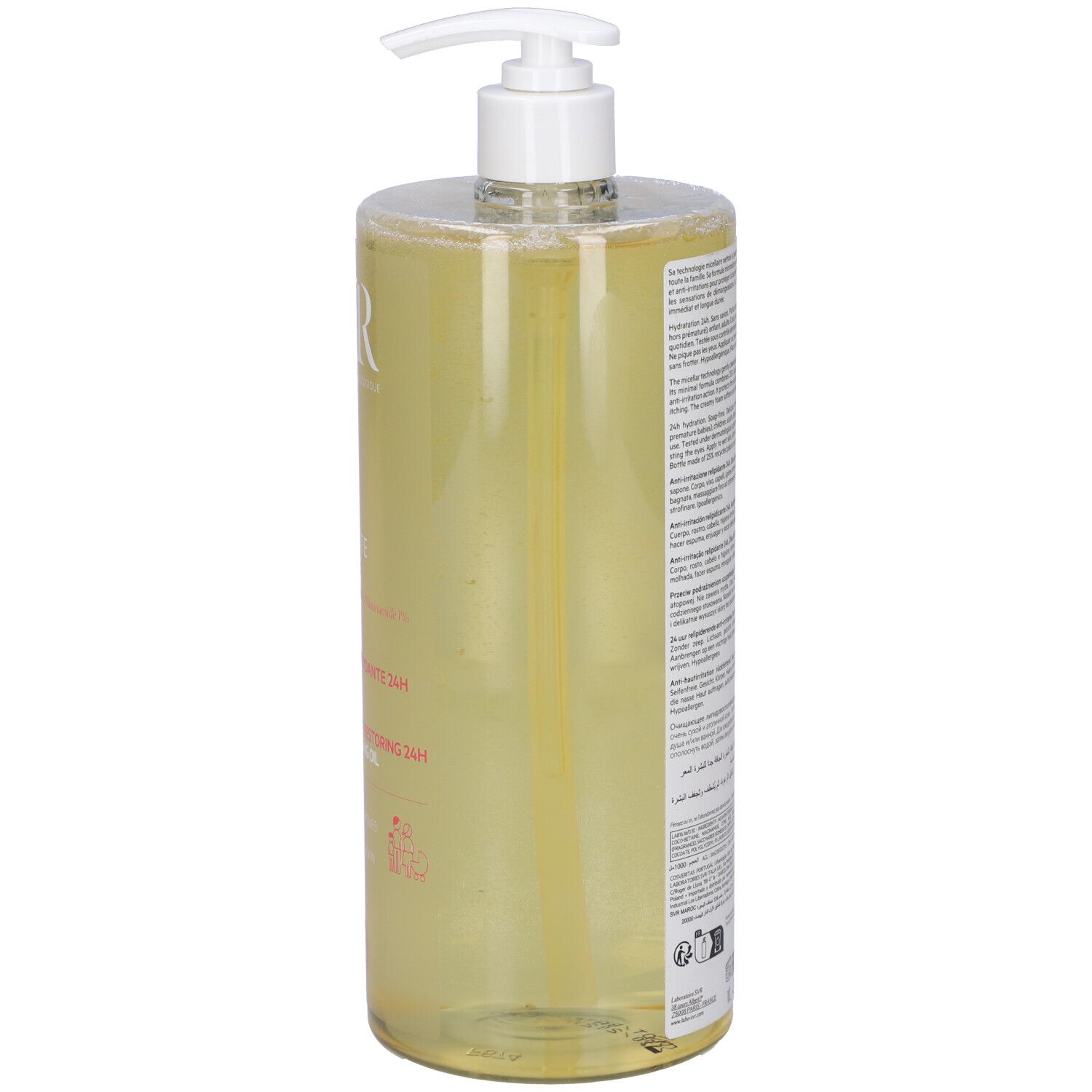 Flacone trasparente SVR Topialyse Huile Lavante con dosatore. Liquido giallo. Scritte sul prodotto.
