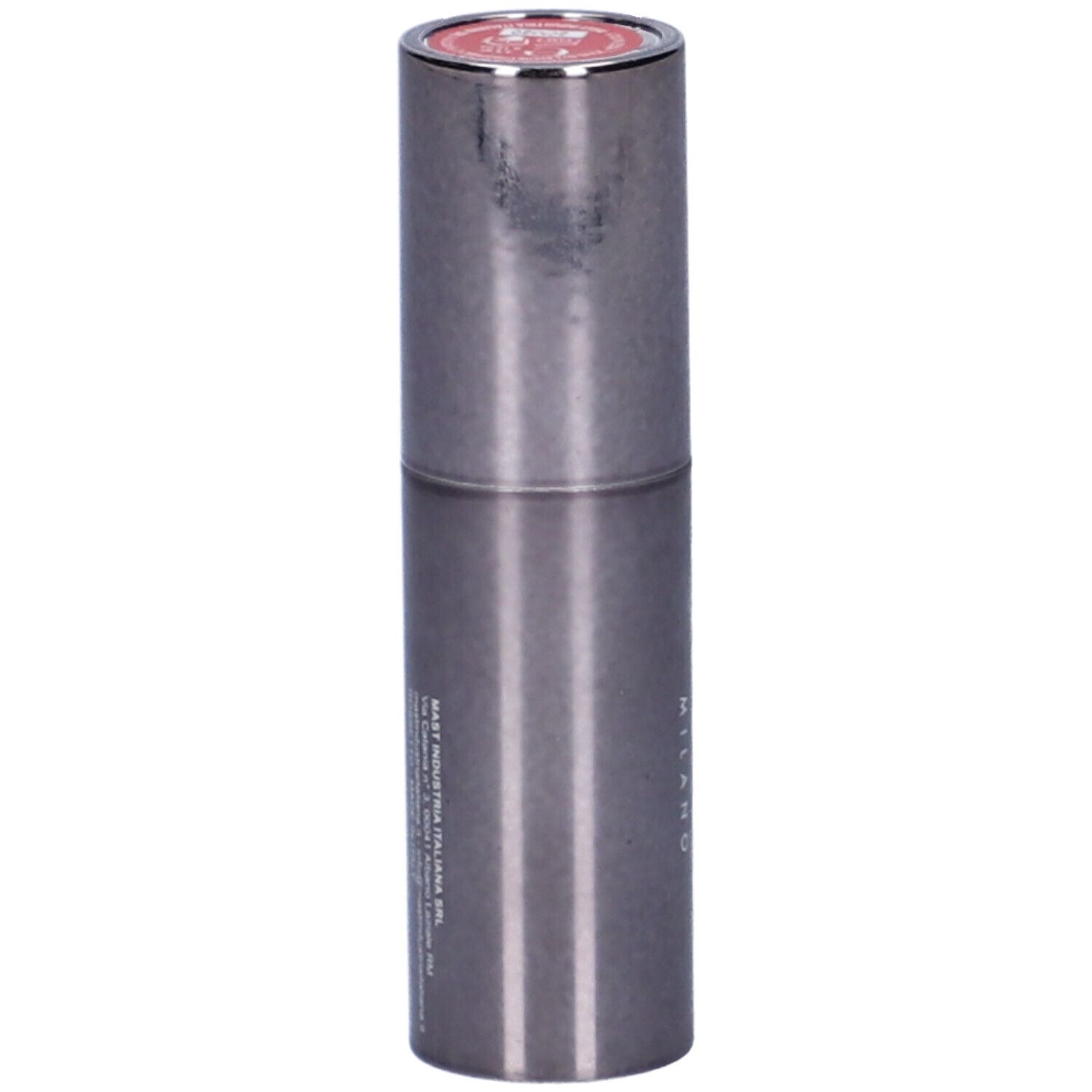 Rossetto in astuccio metallico. Punta rosa visibile. Testo sul lato.