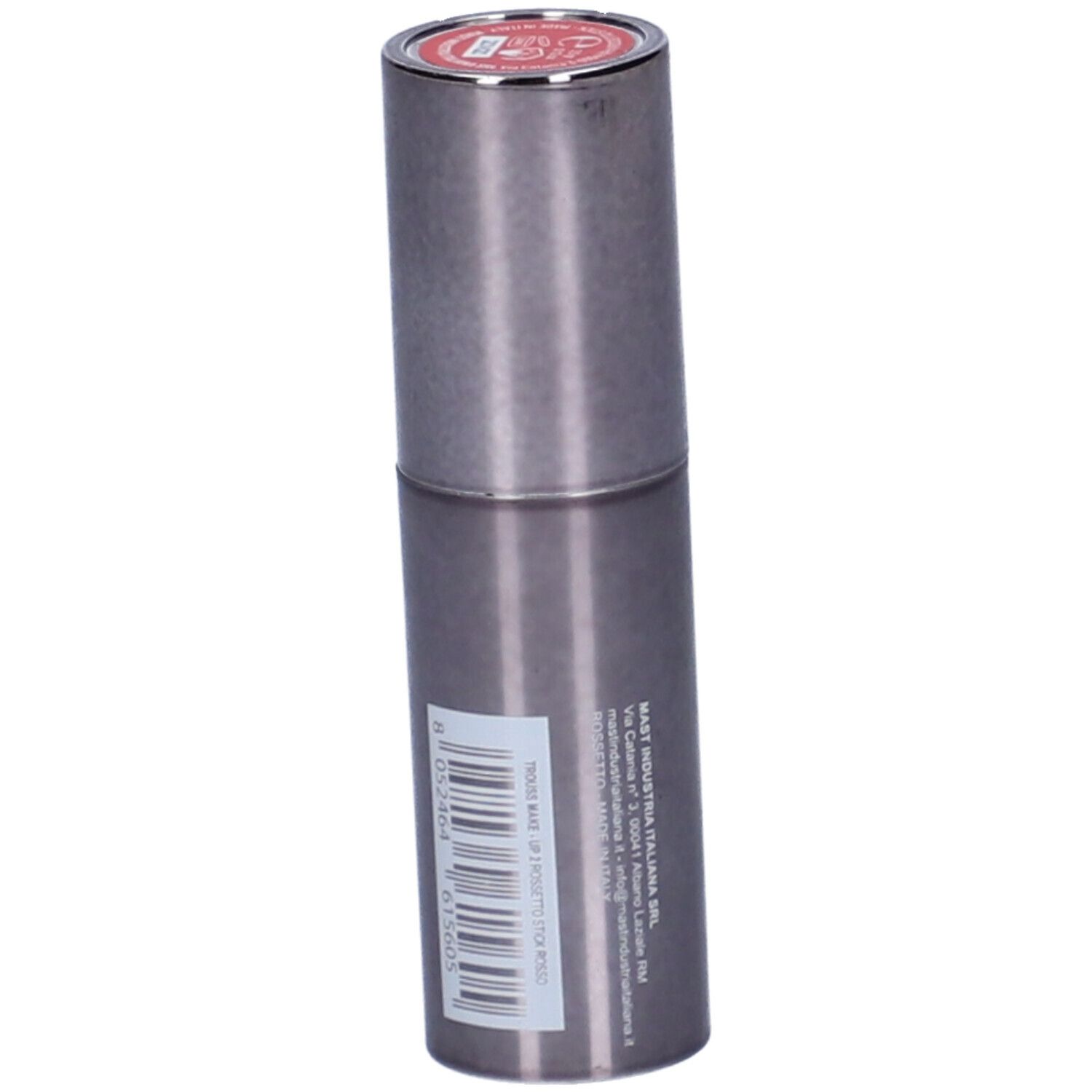 Rossetto in astuccio metallico. Punta rosa visibile. Codice a barre e testo.