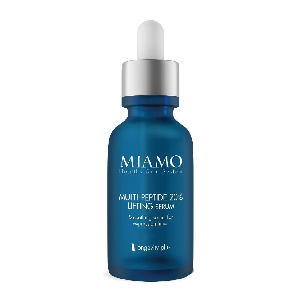 Flacone blu con tappo argento e pipetta. Scritta: Miamo, Multi-Peptide 20% Lifting Serum.