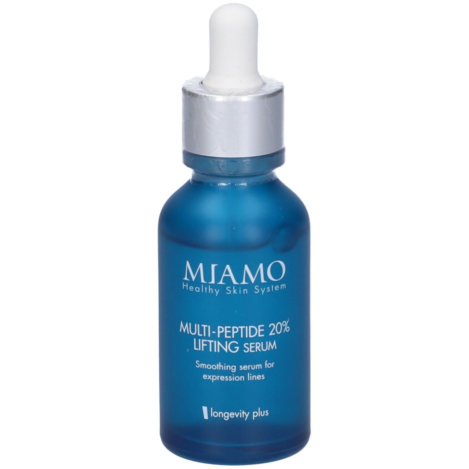 Flacone blu con tappo argento e pipetta. Scritta: Miamo, Multi-Peptide 20% Lifting Serum.