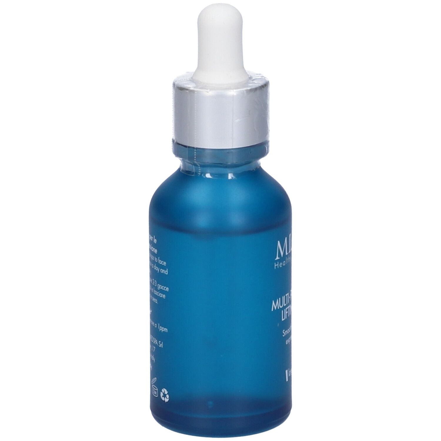 Flacone blu con tappo argento e pipetta. Scritta: Miamo, Multi-Peptide 20% Lifting Serum.