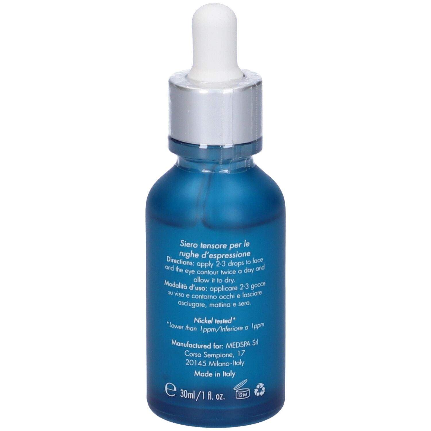 Flacone blu con tappo argento e pipetta. Retro con testo. Scritta: Miamo, Multi-Peptide 20% Lifting Serum.