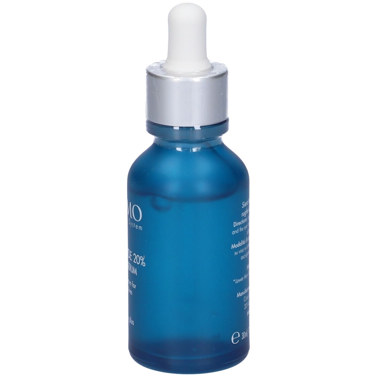 Flacone blu con tappo argento e pipetta. Scritta: Miamo, Multi-Peptide 20% Lifting Serum.