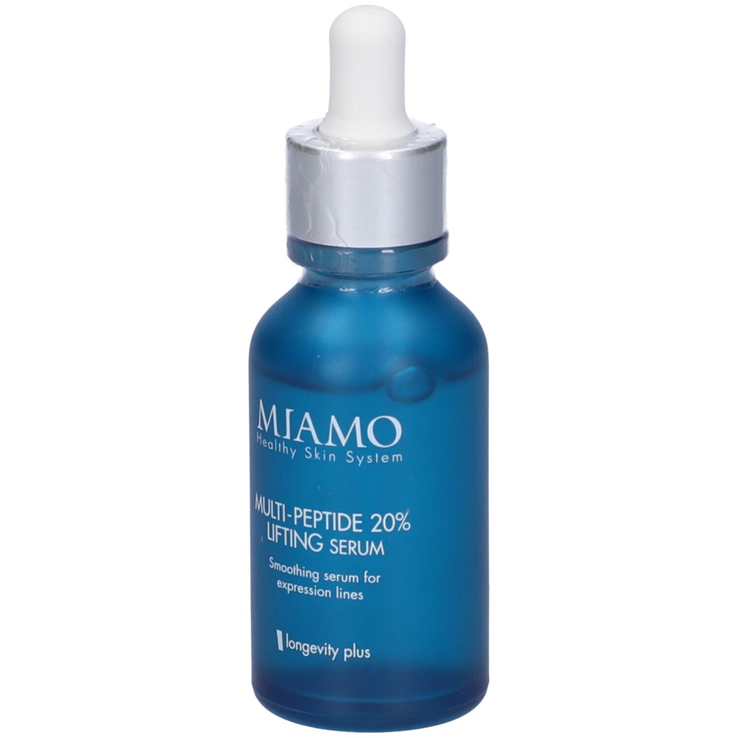 Flacone blu con tappo argento e pipetta. Scritta: Miamo, Multi-Peptide 20% Lifting Serum.