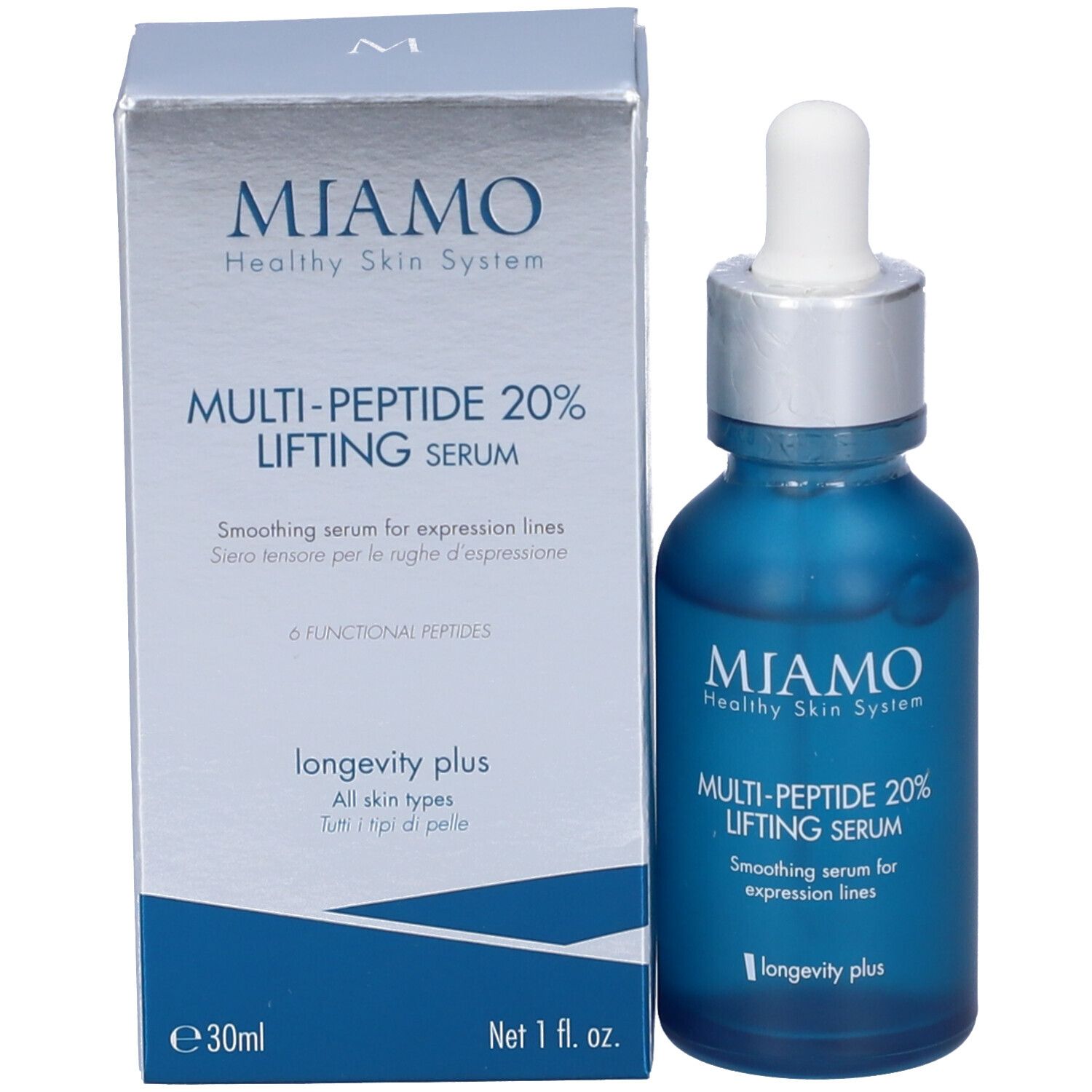 Confezione e flacone. Scritta: Miamo, Multi-Peptide 20% Lifting Serum.